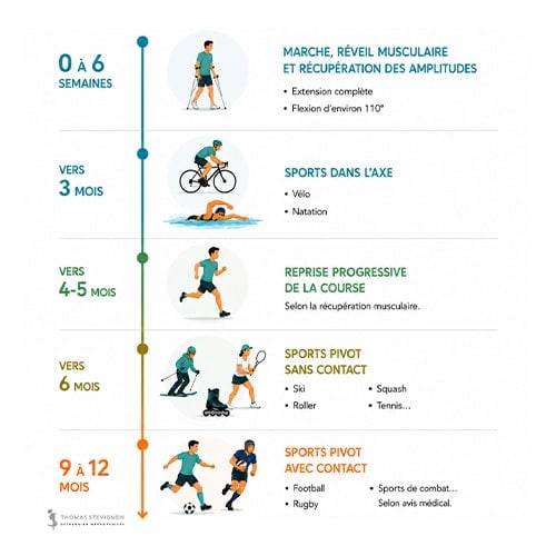 frise chronologique reprise sport apres ligament croise anterieur traitement dr thomas stevignon specialiste genou chirurgien orthopedique paris